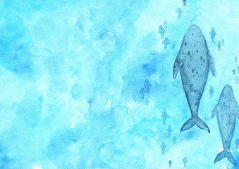 School of fish and whale swimming in the sea watercolor hand painting background for decoration on summer season holiday. © beelaa
