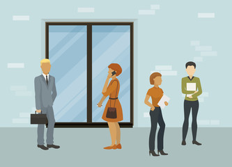 Business people, office workers or job seekers man and women standing in front of closed door vector illustration. Waiting for interview or business appointment meeting.