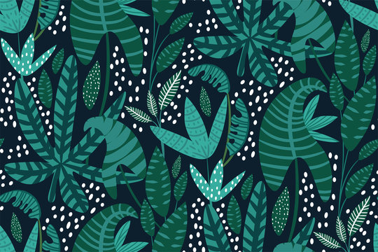 Exotic and tropical leafs plants pattern in hand-drawn style. Seamless floral print. Creative Botanical design with green jungle leaves on dark background. Vector illustration.
