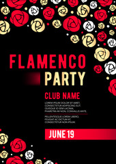 Vertical flamenco party template with black background, color flowers and text. 