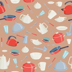 Kitchen cooking tools seamless pattern with kitchenware dishware equipment vector illustration. Dishes teapot coffee pot pan saucepan spoon fork background.