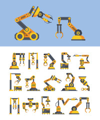 Yellow robotic arms flat vector illustrations set