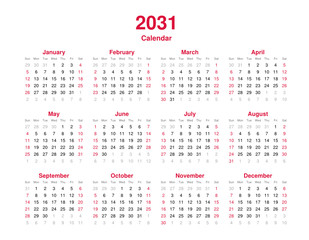 Calendar 2031 - 12 months yearly vector calendar in year 2031 - calendar template - planner calendar