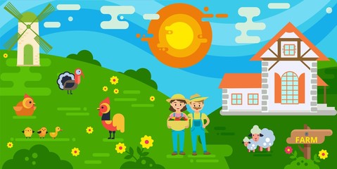 Couple of farmers with harvest vector illustration. Woman holding basket with fresh vegetables. Farmers house, mill, sheeps, cock and chicken, turkey.