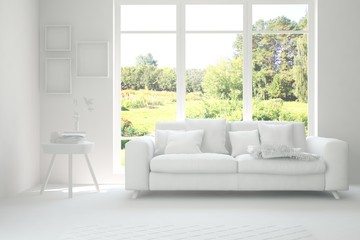 Mock up of stylish room in white color with sofa and green landscape in window. Scandinavian interior design. 3D illustration