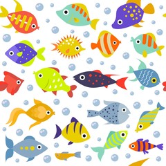 Naklejka premium Aquarium sea ocean different colorful fishes vector illustration seamless pattern. Underwater world tropical fish bubbles water nature background.