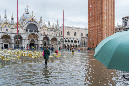 VENICE, ITALY - November 12, 2019: St. Marks Square (Piazza San Marco) during flood (acqua alta) in Venice, Italy. Venice high water. Tourists at St. Mark's Square during high water
