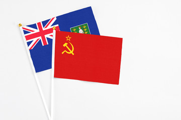 Soviet Union and British Virgin Islands stick flags on white background. High quality fabric, miniature national flag. Peaceful global concept.White floor for copy space.