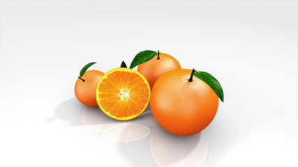 Orange fruit set with slices isolate. Orange with leaves isolated on white background