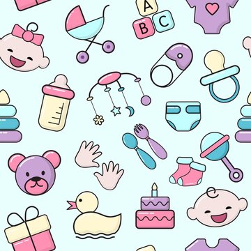 Kids baby child newborn pattern vector illustration. Diapers, nipple, baby carriage, feeding bottle and toys, clothes cute color icons in flat style.
