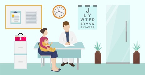 Children ophthalmology and healthcare vector illustration. Baby with mother visiting doctor oculist sitting in office for consultation and eyes and vision test.