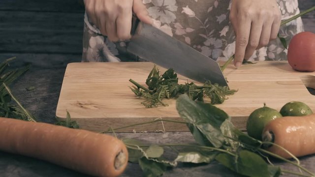  Asian Woman's Hand Cut Vegetables to Cook Left to Right pan Footage. 