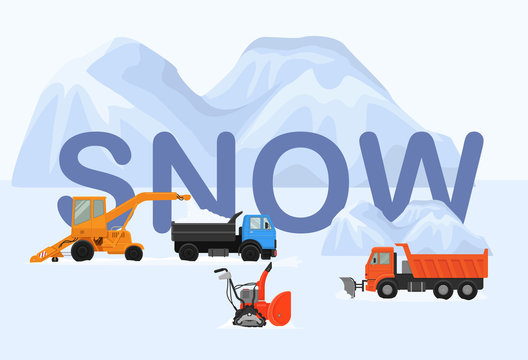 Different machines in winter removing snow vector illustration. Big and small crawler snowblowers, lorry, tipper truck. White huge snow drifts background.