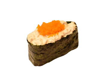 imitation crab stick topping shrimp egg salad maki Sushi Japanese food on white background