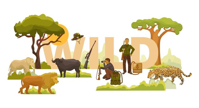 Wild nature african animals, plants, trees and men hunters with rifles, backpacks and binoculars vector illustration. Elephant, lion, leopard and buffalo.