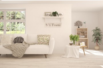 Stylish room in white color with sofa. Scandinavian interior design. 3D illustration