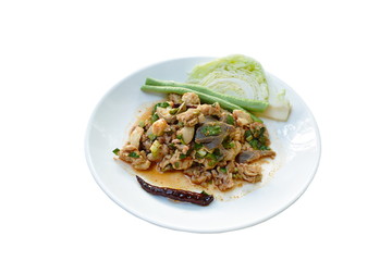 Thai spicy chop duck meat salad and fresh cabbage on plate