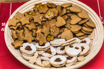 Cakes for christmas. Sweet cakes at a bakery for Christmas eve. Christmas winter food composition
