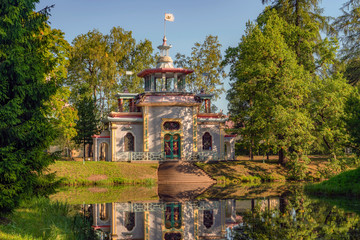 Chinese gazebo on the territory of the Catherine Palace and Park complex in Tsarskoye Selo summer...