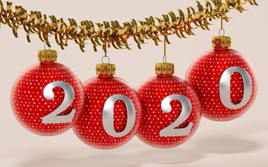 Number 2020 on red Christmas baubles. 3D illustration