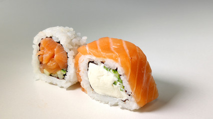 japanese sushi food. Rolls with salmon. Top view of assorted sushi.