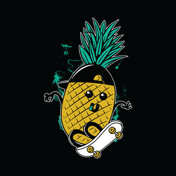 Pineapple Skateboarding Graphic Illustration Vector Art T-shirt Design