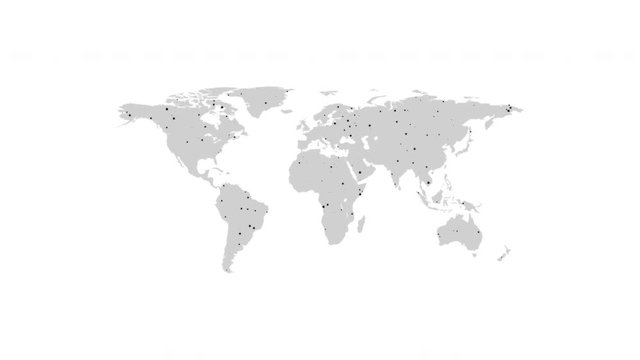 Points appear on the world map. Outbreaks Epidemic, virus. Dissemination of knowledge, social networks, technologies. Black and white background. 4K.
