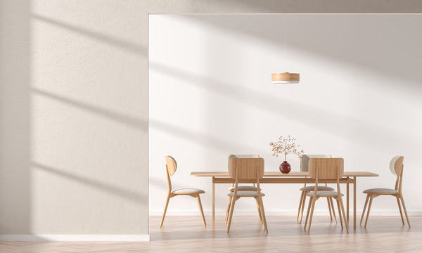 Empty wall mock up in modern dining room with wooden chair and table.  Minimalist dining room design with copy space. 3D illustration.