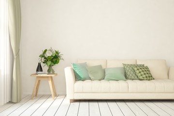 Stylish room in white color with sofa. Scandinavian interior design. 3D illustration