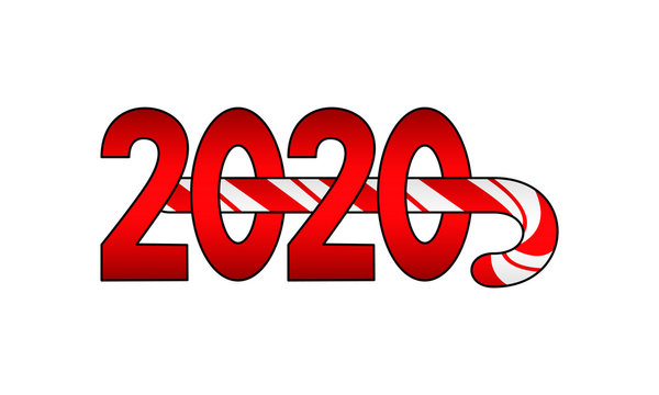 Happy New year 2020 illustration. Red Numbers with a candy cane in the middle. Typo for year twenty-twenty. For greeting card print, banner for seasonal holiday flyer and invitation. Raster image