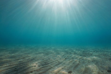 Fototapeta na wymiar Sand underwater on the seabed with sunlight, natural scene, Mediterranean sea