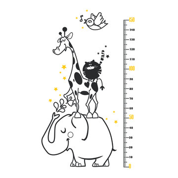 Kids height ruler with a elephant, a hippo, a giraffe, a cat for wall decals, wall stickers - Vector