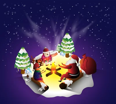 Merry Christmas and Happy new year concept. Santa with reindeer and snowman  around bonfire or fireplace joyful talking together. Vector illustration in  isometric design. Stock Vector | Adobe Stock
