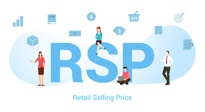 rsp retail selling price concept with big word or text and team people with modern flat style - vector