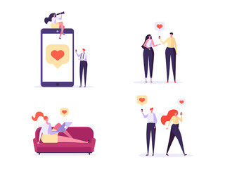 Concept of online dating, virtual relationship and social networking. Young couple of man and woman meeting online. Vector illustration in flat design, can use for landing page, template, ui, web