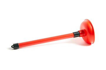 Rubber plunger with red handle isolated on white background. Tool for cleaning drain clogs