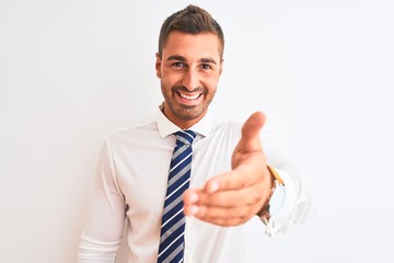 Young handsome elegant business man over isolated background smiling friendly offering handshake as greeting and welcoming. Successful business.