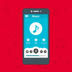 Mobile music application with smartphone icon interface with panel control in modern flat design template