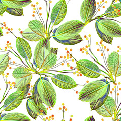 Twigs and leaves with berries, seamless pattern.