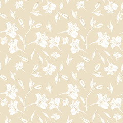 Seamless floral pattern. Pattern with white graphics flowers on beige background. Alstroemeria. Seamless pattern with hand drawn plants. Herbal Botanical illustration.