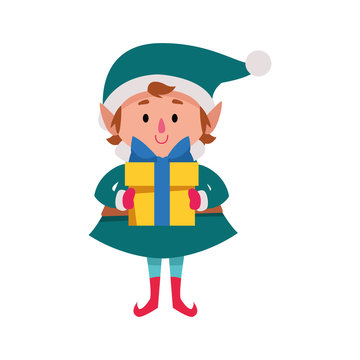 cartoon christmas elf with gift box icon, colorful design