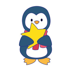 cute penguin with star icon, flat design