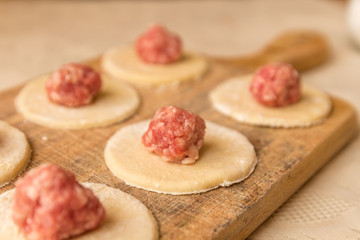 Preparation of homemade dumplings with minced meat on wooden cutting board.