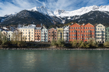 Fototapeta premium Colorful houses and Alps Mountains - Innsbruck, Tyrol, Austria