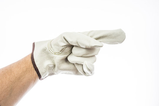 Pointing White Leather Work Glove Isolated, Siginal Or Gesture.