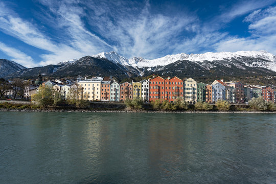 Colorful houses and Alps Mountains - Innsbruck, Tyrol, Austria