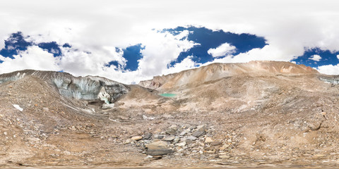 Spherical panorama of the Pamir mountain. Slope of Lenin Peak to an altitude of 4000 meters.