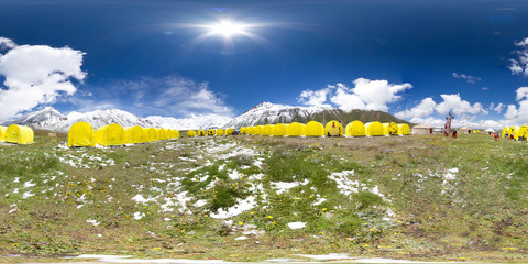 Spherical panorama of the Pamir mountain. Slope of Lenin Peak to an altitude of 3800 meters.