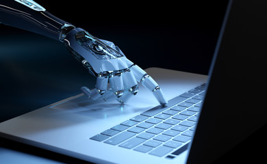 Cyborg hand pressing a keyboard on a laptop 3D rendering