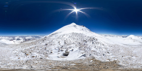 Spherical panorama of the Pamir mountain. Slope of Lenin Peak to an altitude of 6900 meters....